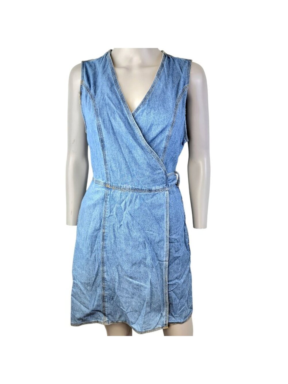 Vintage 90s Denim Mini Wrap Dress Women 4 Small Blue Jean Casual Sleeveless Fall